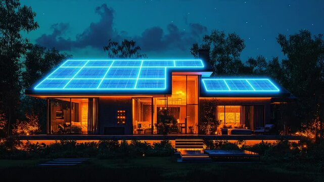 Modern home illuminated at night, powered by rooftop solar panels