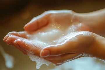 Fototapeta premium Body skin care routine: Close-up of a young woman applying moisturizing lotion to her hand for soft, nourished skin., Generative AI