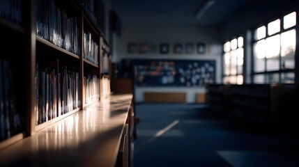 Fototapeta premium A library with receding bookshelves bathed in soft light, symbolizing the endless pursuit of knowledge.
