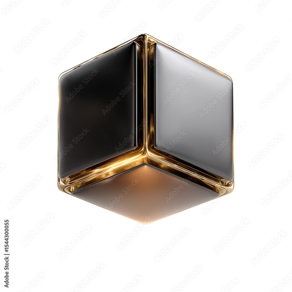 Fototapete metallic cube render with golden edges for design and abstract concepts isolated on transparent back
