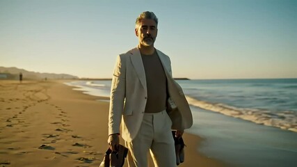 Businessman Walking on a Beach with Shoes in Hand at Sunset with ai generated - Powered by Adobe