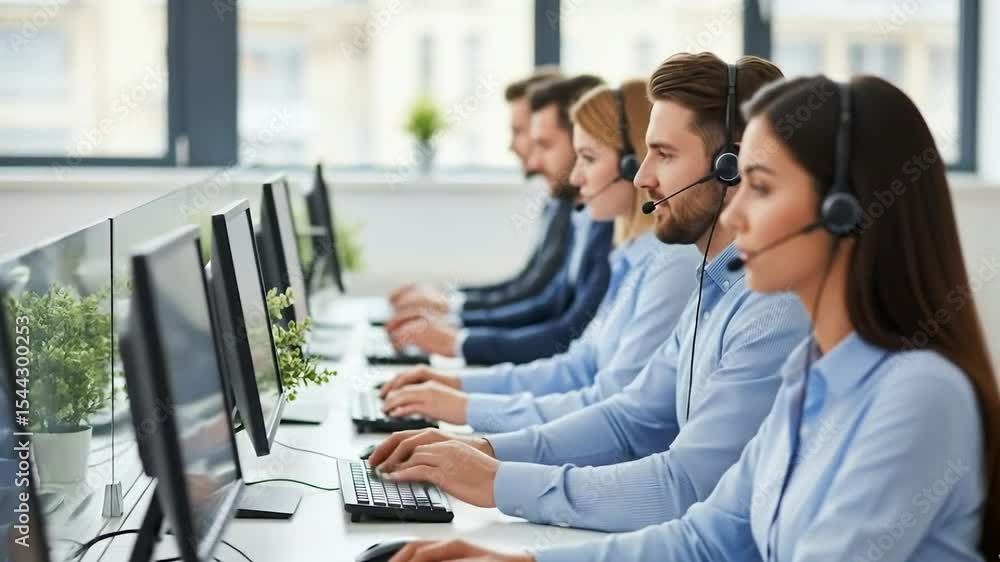 Poster customer service representatives working at computers in call center