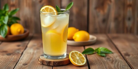 Fototapeta premium Refreshing homemade lemonade in a rustic glass on a wooden table, organic, home table