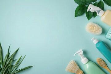 Premium Quality Visual of Flat Lay of Ecofriendly Cleaning Products with Brushes