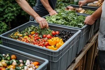 Obraz premium Food waste environment concept, people throwing food waste into the bin to decompose, addressing global environmental concerns., Generative AI