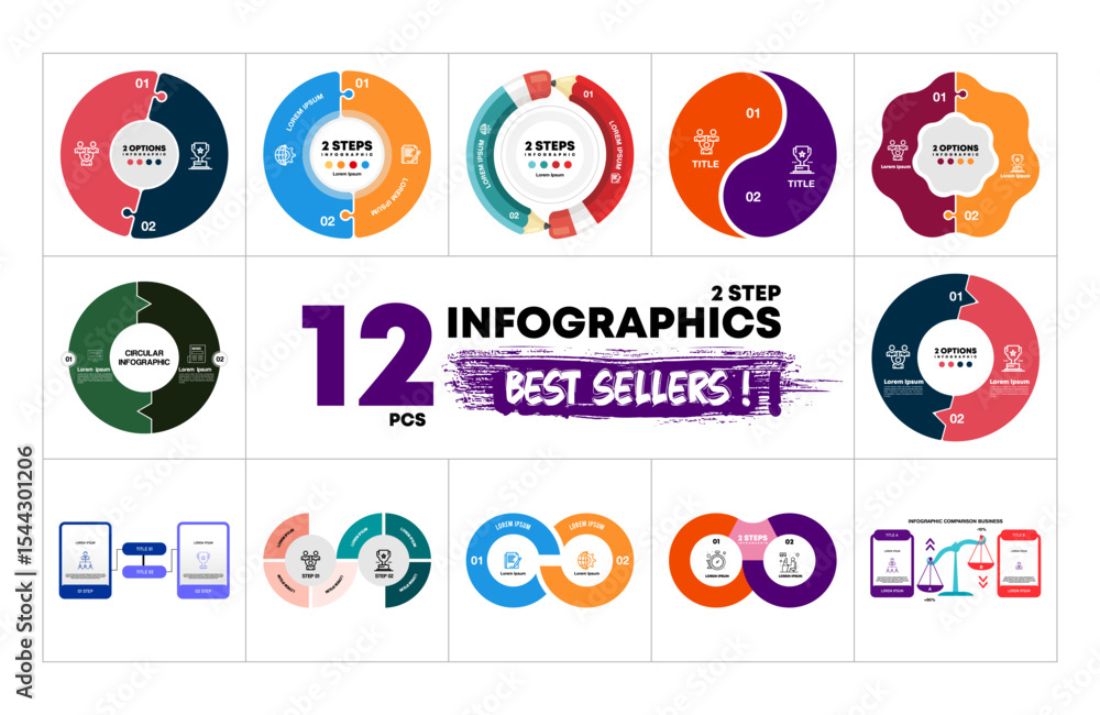 Poster 12 circle vector infographics bundle. presentation 2 option step slide templates. circle chart diagr