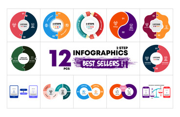 12 Circle Vector Infographics Bundle. Presentation 2 option step slide templates. Circle chart diagrams. Perfect for marketing or business strategy project. vector eps 