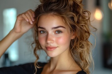 Fototapeta premium Womens hair styling routine: A young woman using an iron hair curler to create curly hair at home., Generative AI