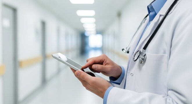 Close-up of a doctor using a tablet in a bright hospital corridor, Perfect for healthcare, digital tech, and clinical design concepts