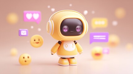 Obraz premium Yellow chatbot robot with speech bubbles and emojis floats on a soft background. 