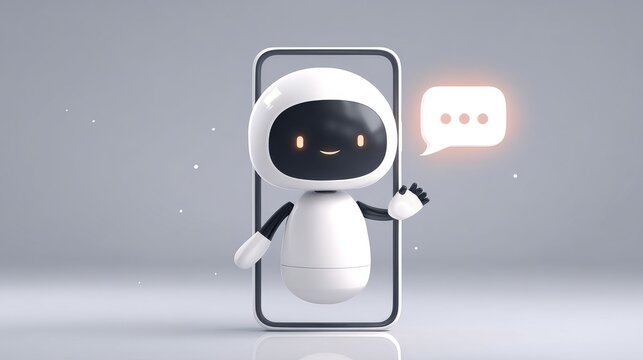 Friendly ai robot in a phone frame with a speech bubble on a neutral background.
