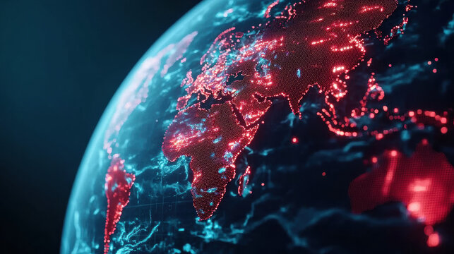 digital globe highlighting Asia and Africa with illuminated red data points representing population or network density.