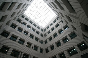 A view of the interior of a building with grey cubes on the walls