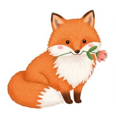Obraz premium Cute Orange Fox Holding Pink Rose Illustration