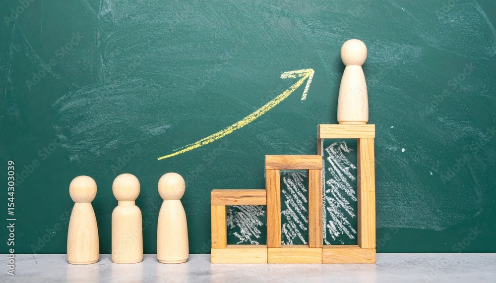 Poster wooden figures on building blocks showing growth and progression concept with chalk arrow on green b