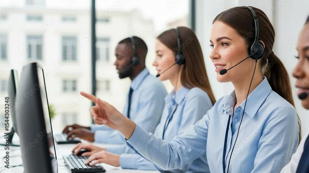 Poster diverse customer service team working at computers with headsets in office