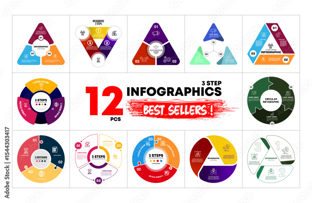 Poster 12 circle triangle vector infographics bundle. presentation 3 option step slide templates. circle ch