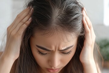 Fototapeta premium Hair loss problem concept. Asian woman examining her scalp and worrying about thinning hair, showing concern for potential balding., Generative AI