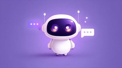 Obraz premium Cartoonish robot with antenna and speech bubbles against a solid color background.