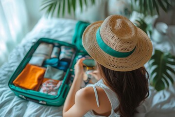 Person preparing clothes and accessories to pack into luggage before a summer vacation trip, ensuring they have everything needed for a relaxed holiday., Generative AI