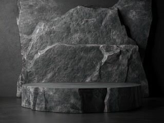 vibrant image of Wall with stage for product display on dark background. Dark stone podium minimalism style. high detail 8k