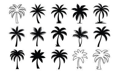 collection of diverse palm tree silhouettes and illustrations in various styles and shapes for tropical design and decoration projects