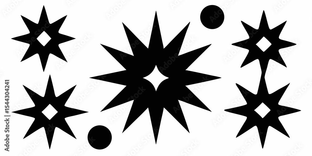 Poster abstract black and white starburst pattern with geometric shapes and sharp points on a white backgro