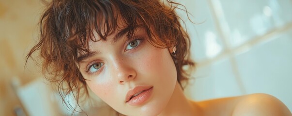 Womens beauty and makeup routine: A young woman using an iron hair curler to create beautiful curly hair, preparing for a day at home., Generative AI