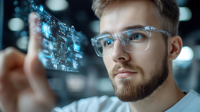 Innovative technology exploration by scientist in lab digital interface interaction futuristic environment close-up perspective