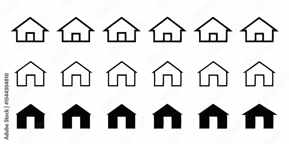 Poster house icon set in three styles outline thin line and solid black arranged in rows on white backgroun