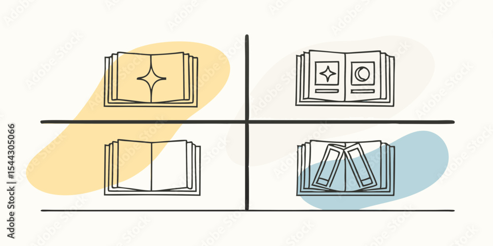 Poster four open books in a grid with abstract shapes and a minimalist line art style illustration
