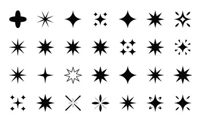 collection of diverse black star and cross shapes in various geometric patterns and symmetrical designs on white background for graphic use