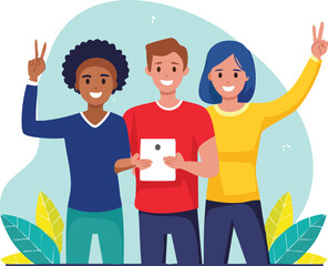 vector illustration of three diverse young people taking a selfie together, smiling and making hand gestures like peace sign, one holding a tablet, minimal line art style with bold primary colors