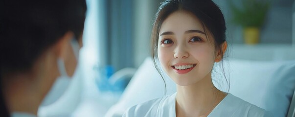 Cheerful Asian nurse smiling and conversing with an elderly patient in the hospital room, providing care and comfort., Generative AI