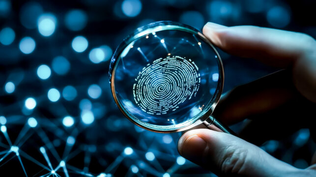 A hand holds a magnifying glass revealing a digital fingerprint composed of code, symbolizing data security and the intricate nature of cybersecurity.