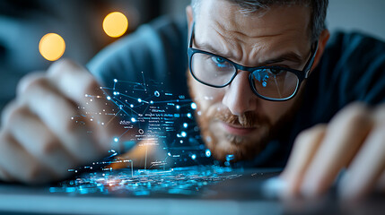 Digital innovation in action focused man analyzing data on laptop urban office technology environment close-up view