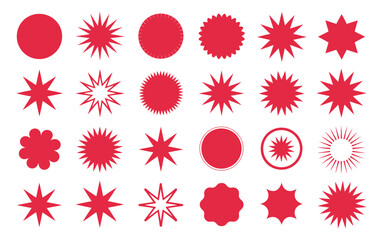 collection of 25 red geometric and starburst icons in diverse styles and patterns, abstract vector elements on white background