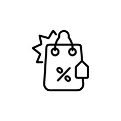 Shopping bag with percentage sign and tag icon in black and white style