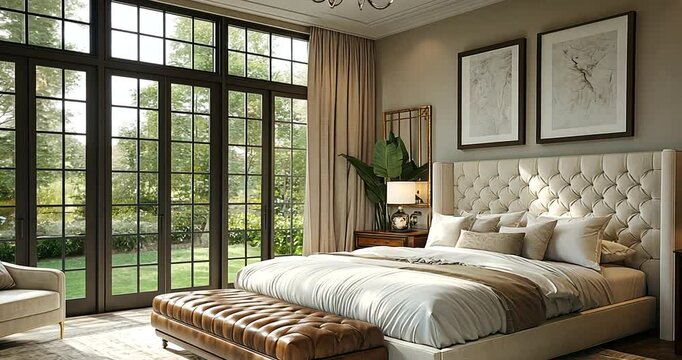 Cozy and elegant bedroom featuring a large bed, natural light from windows, and lush greenery outside