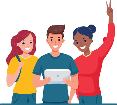 vector illustration of three diverse young people taking a selfie together, smiling and making hand gestures like peace sign, one holding a tablet, minimal line art style with bold primary colors