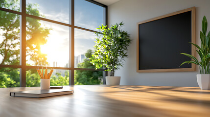 Fototapeta premium Morning light streaming into a modern office space with greenery interior design calm environment wide angle view