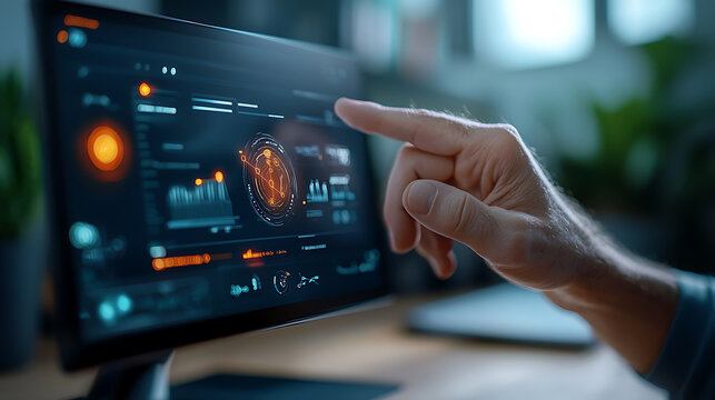 Interactive touchscreen technology demonstration office environment digital content modern workspace close-up view innovation