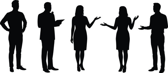 Business people silhouettes talking, office discussion scene, communication vector illustration, corporate teamwork, standing group interaction, professional posture isolated