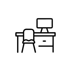 Outline drawing of a computer on a desk with a chair in the office area