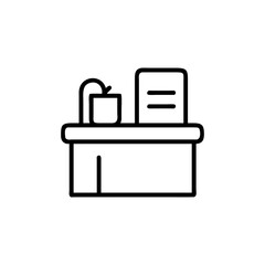 Outline drawing of a desk with a plant and papers in a simple style