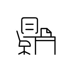 Icon of a desk with a chair and documents in a simple line drawing style