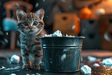 High Resolution of Funny Cat 3D Illustration with Trash Bin