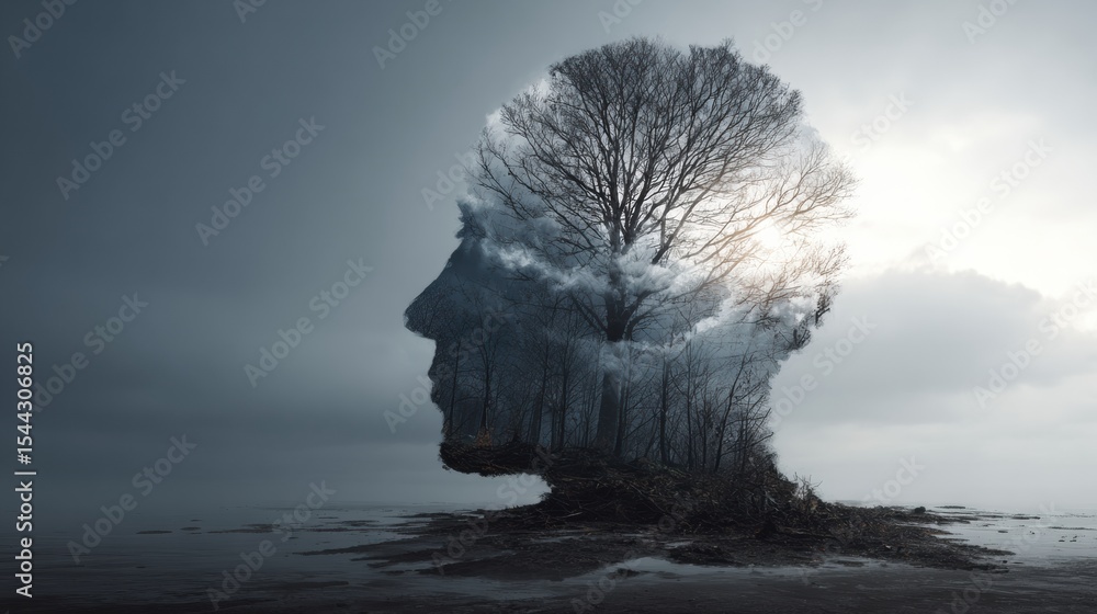 Poster Exploring Cognitive Distortions Through Visual Metaphor of a Head Formed by Trees and Clouds Set Against a Misty Landscape