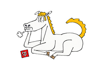 横になり肘をつく白馬