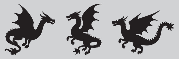 Fototapeta premium Dragon silhouette icon set. Vector of dragon silhouette. Black Dragon silhouette. mythology animal variety Design. EPS 10